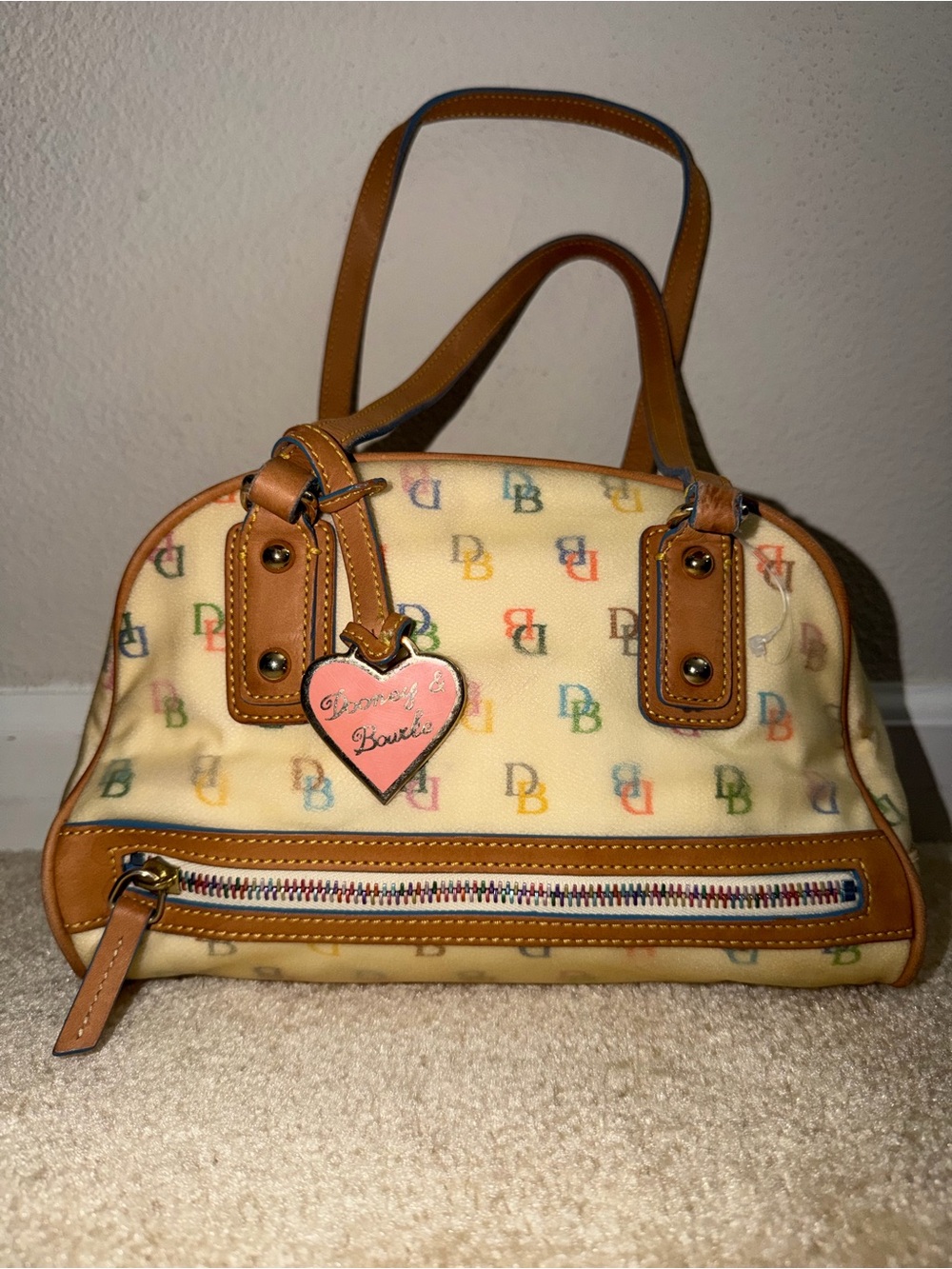 Dooney & Bourke VTG Y2K Rainbow Monogram Satchel Bag Heart Charm Crossbody